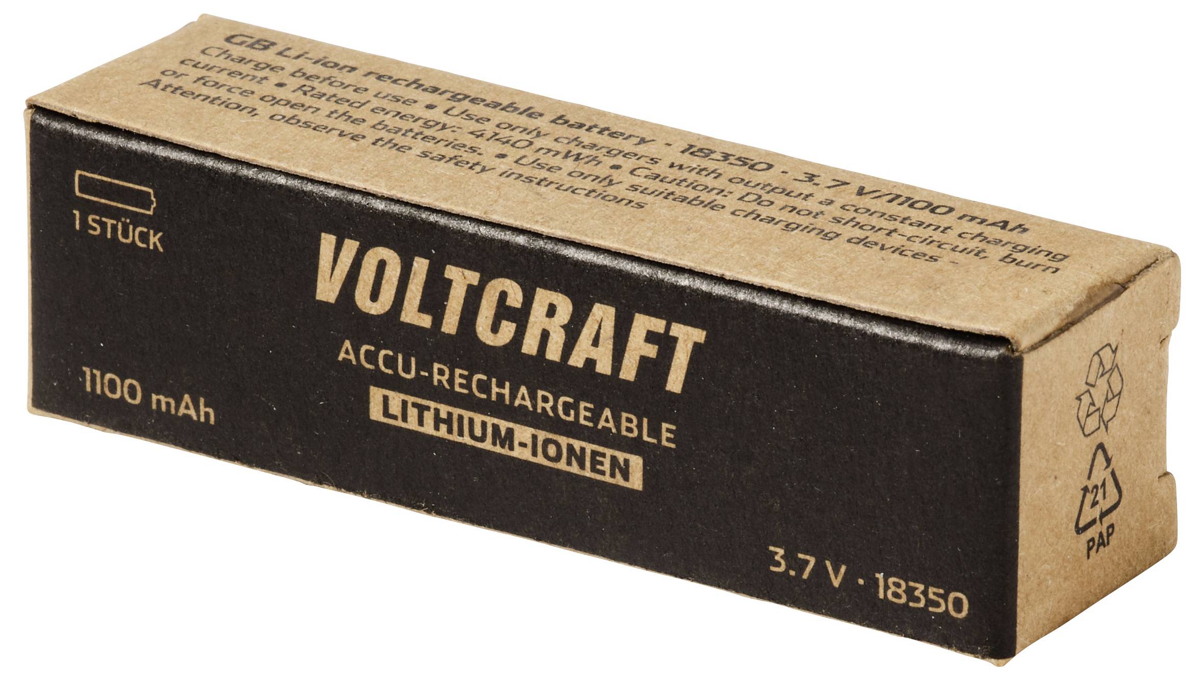 Voltcraft nabíjecí lithium-iontová bateriová krabice, označena 3,7 V, 21700, 5000 mAh, 1 kus