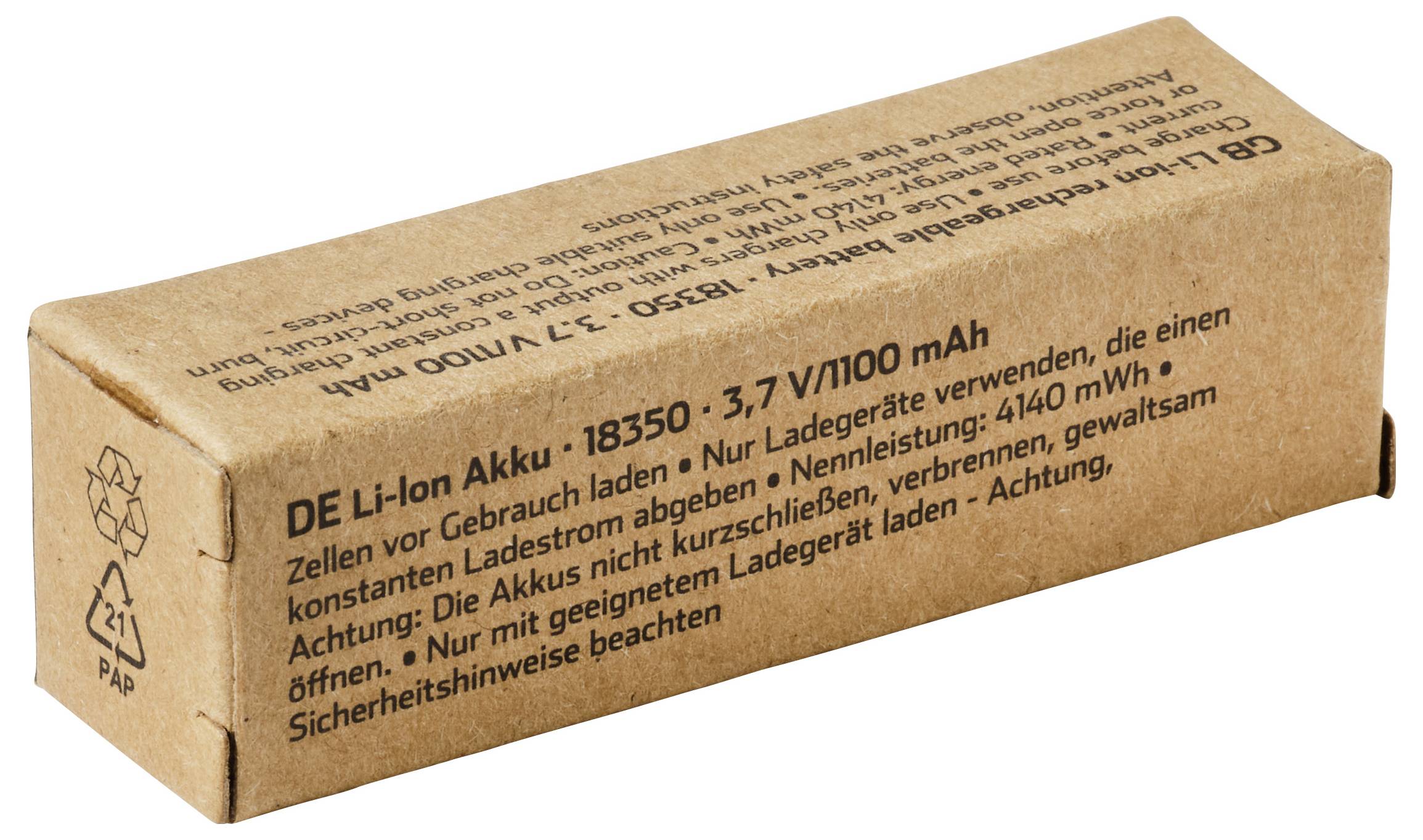 Krabice z lepenky označená DE Li-ion Akku 18350, 3.7 V/100 mAh, s německými bezpečnostními a nabíjecími pokyny pro skladování nabíjecího akumulátoru.