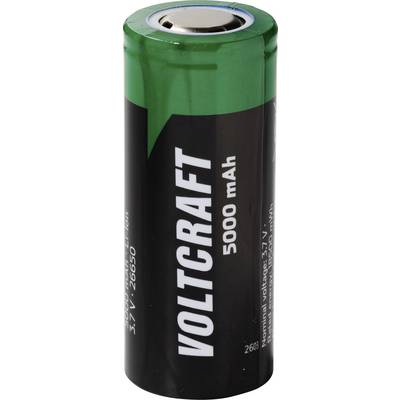 Zelená nabíjecí baterie VOLTCRAFT 5000 mAh, zobrazená ve svislé poloze s kladným pólem nahoře.