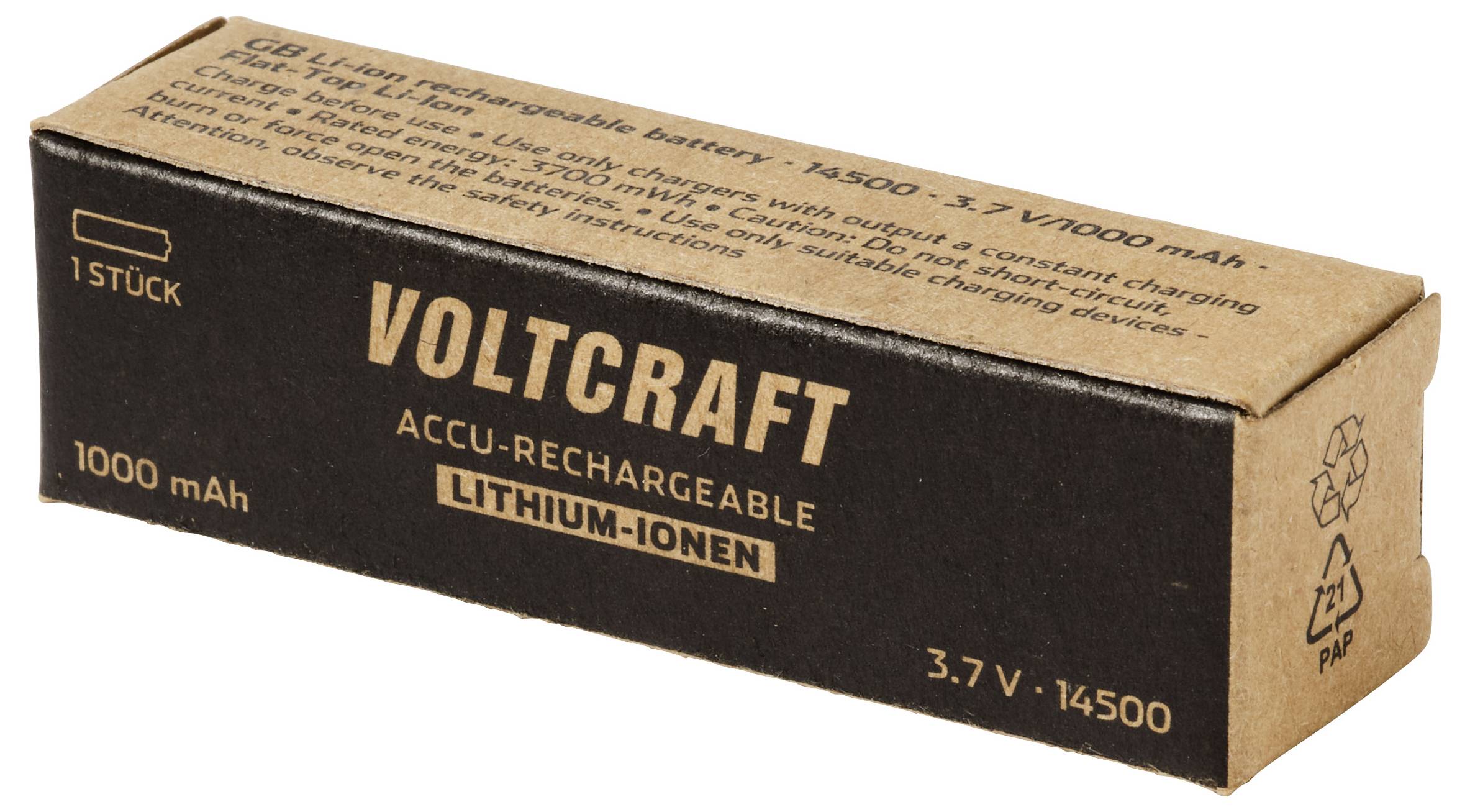 Voltcraft 3,7V 14500 1000 mAh nabíjecí lithium-iontová baterie v krabici, zobrazená v balení.