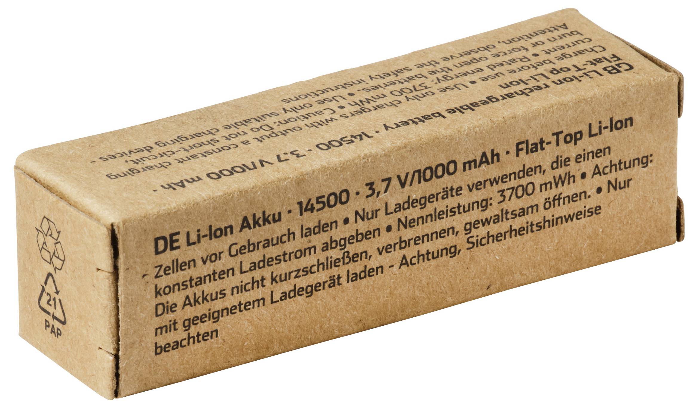 Hnědá kartonová krabice s označením DE Li-ion Akku 14500, 3.7V 7000 mAh baterie se plochým vrcholem, zobrazena na bílém pozadí.