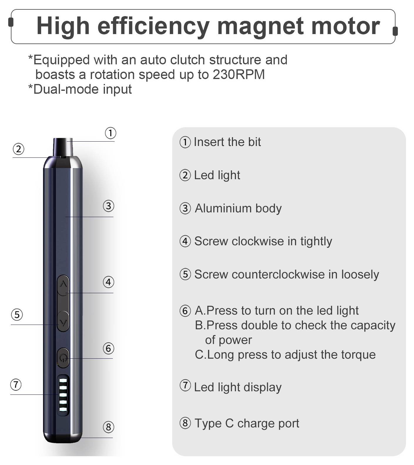 Podrobnosti "Motor s vysoceúčinným magnetem": otáčky 230 RPM, automatická spojka, duální režim. Vlastnosti: vložitelný nástroj, LED světlo, hliníkový kryt, kontrola napájení.