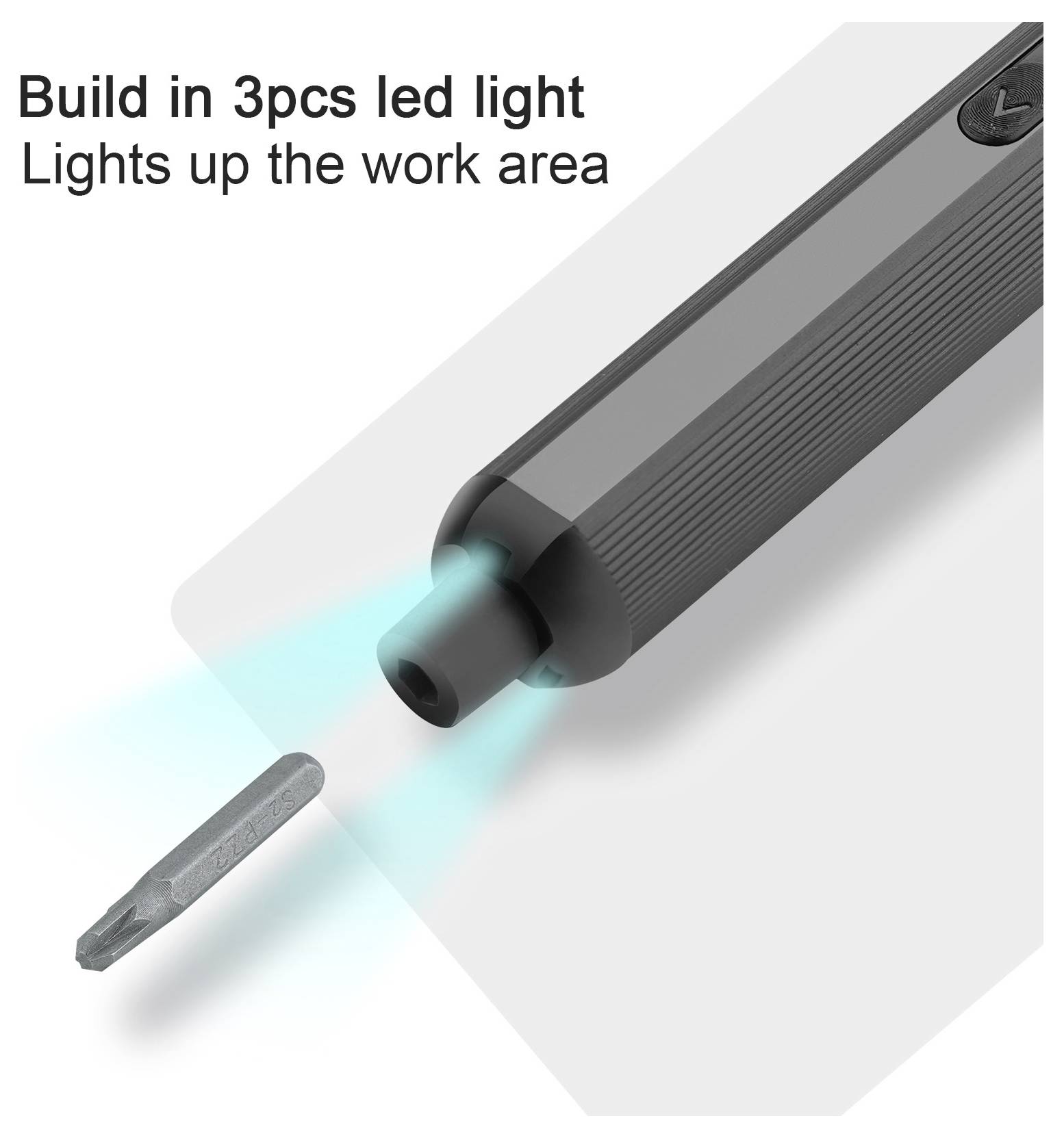Elektrický šroubovák s vestavěným LED světlem osvětlujícím pracovní plochu a rotujícím bitem. Text zní: Vestavěno 3ks LED světel.