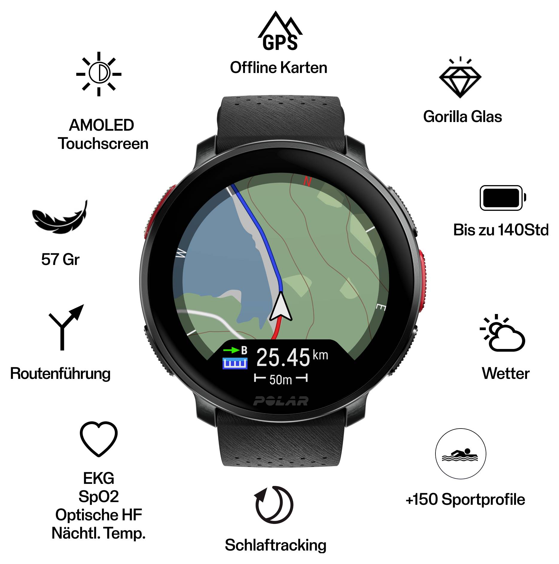 Chytré hodinky s mapou na displeji, zobrazující funkce: GPS, offline mapy, sklo Gorilla Glass, měření srdečního tepu, sledování spánku a další.