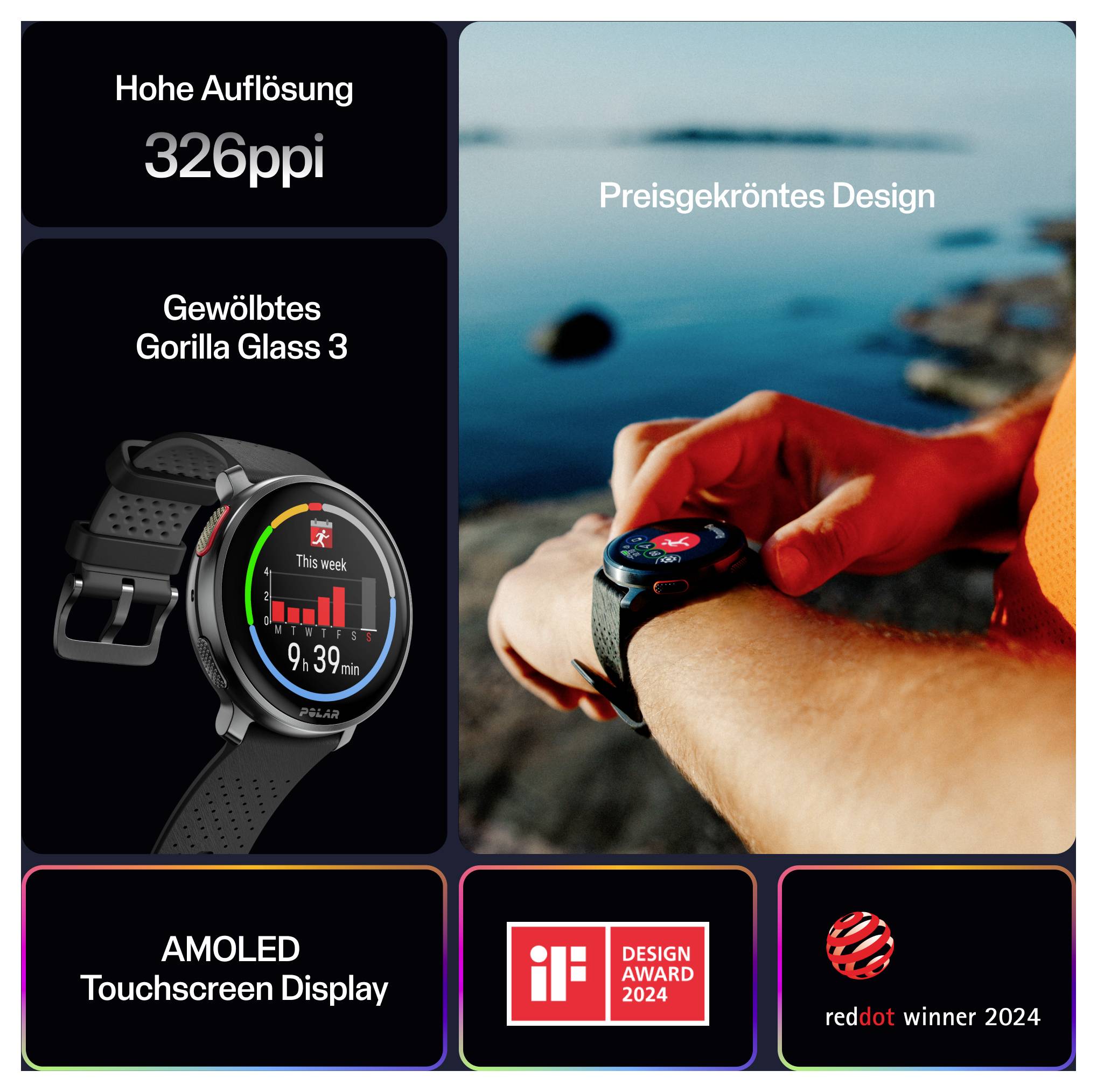 Chytré hodinky s úžasnými parametry: '326ppi', 'Zakřivené Gorilla Glass 3', 'AMOLED Dotykový displej', 'Design oceněný prestižní cenou'.
