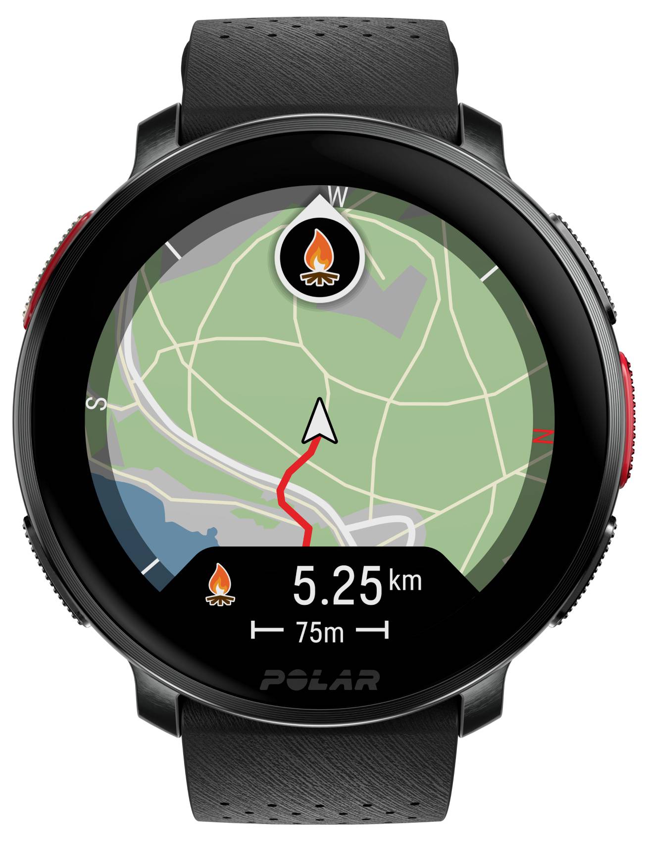 Kulatý GPS hodinky zobrazující mapu s červenou trasou. Jsou zobrazeny údaje '5,25 km', '75 m', které vedou po trase. Dva plamennné ikony označují cílové body.