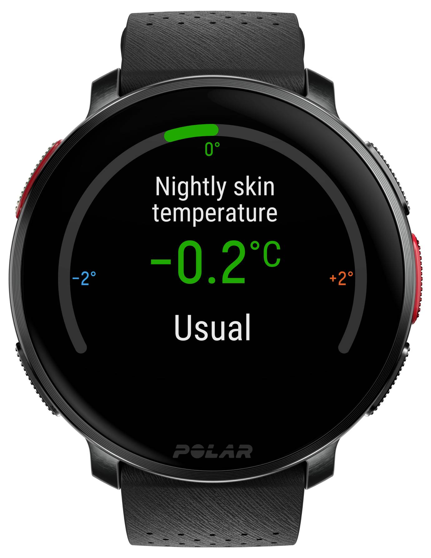 Displej chytrých hodinek zobrazuje 'Noční teplota kůže -0,2°C Obvyklá' s černým páskem a tlačítky na bocích na černém pozadí.