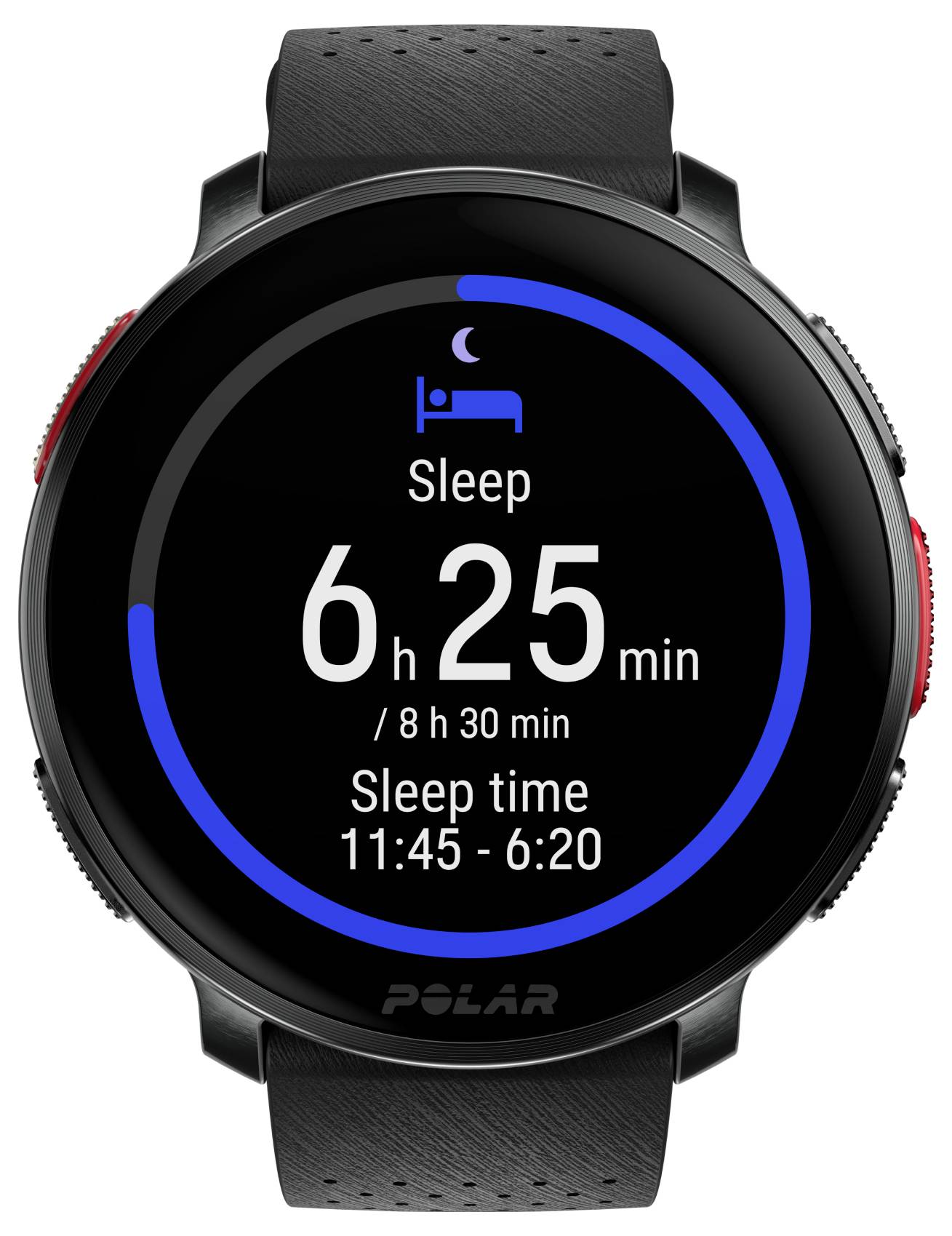 Displej hodinek zobrazující sledování spánku: 'Spánek 6h 25min / 8h 30min'. Doba spánku od 11:45 do 6:20.