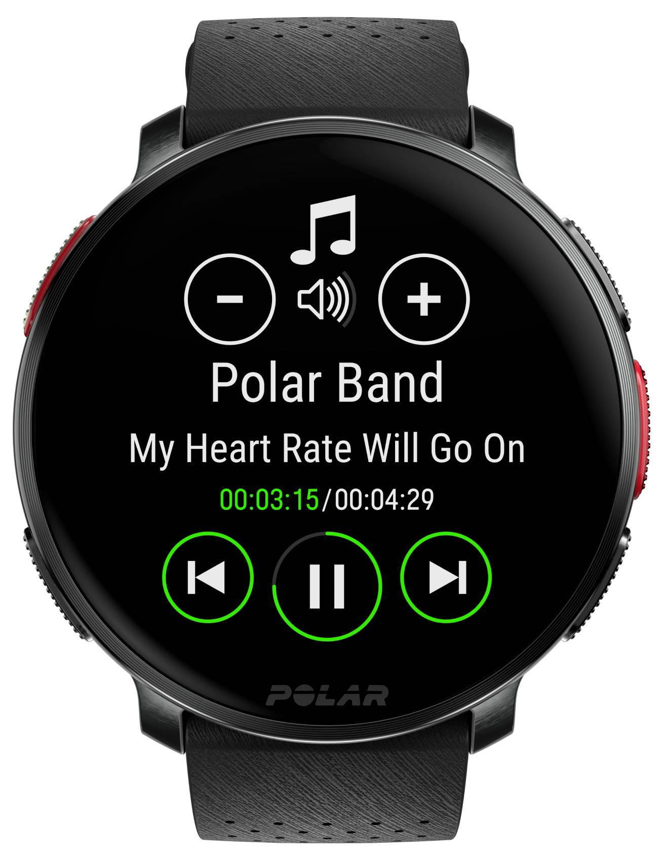 Chytré hodinky zobrazující ovládání hudby pro skladbu 'My Heart Rate Will Go On' od kapely Polar Band, s tlačítky přehrávání, pozastavení a ovládání hlasitosti.