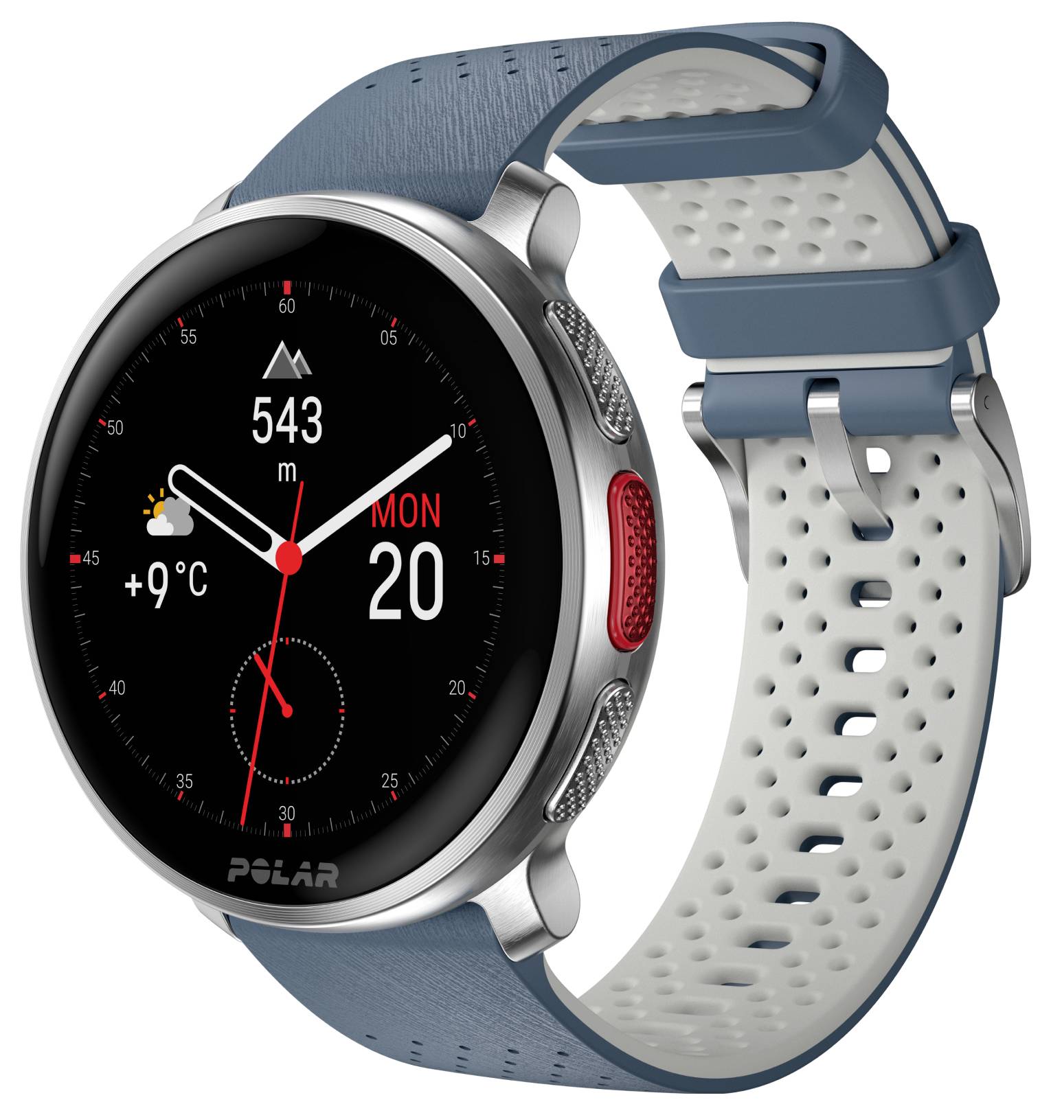 Chytré sportovní hodinky zobrazující digitální displej s časem, datem, počasím, počtem kroků a známým logem značky, umístěné na bílém pozadí.