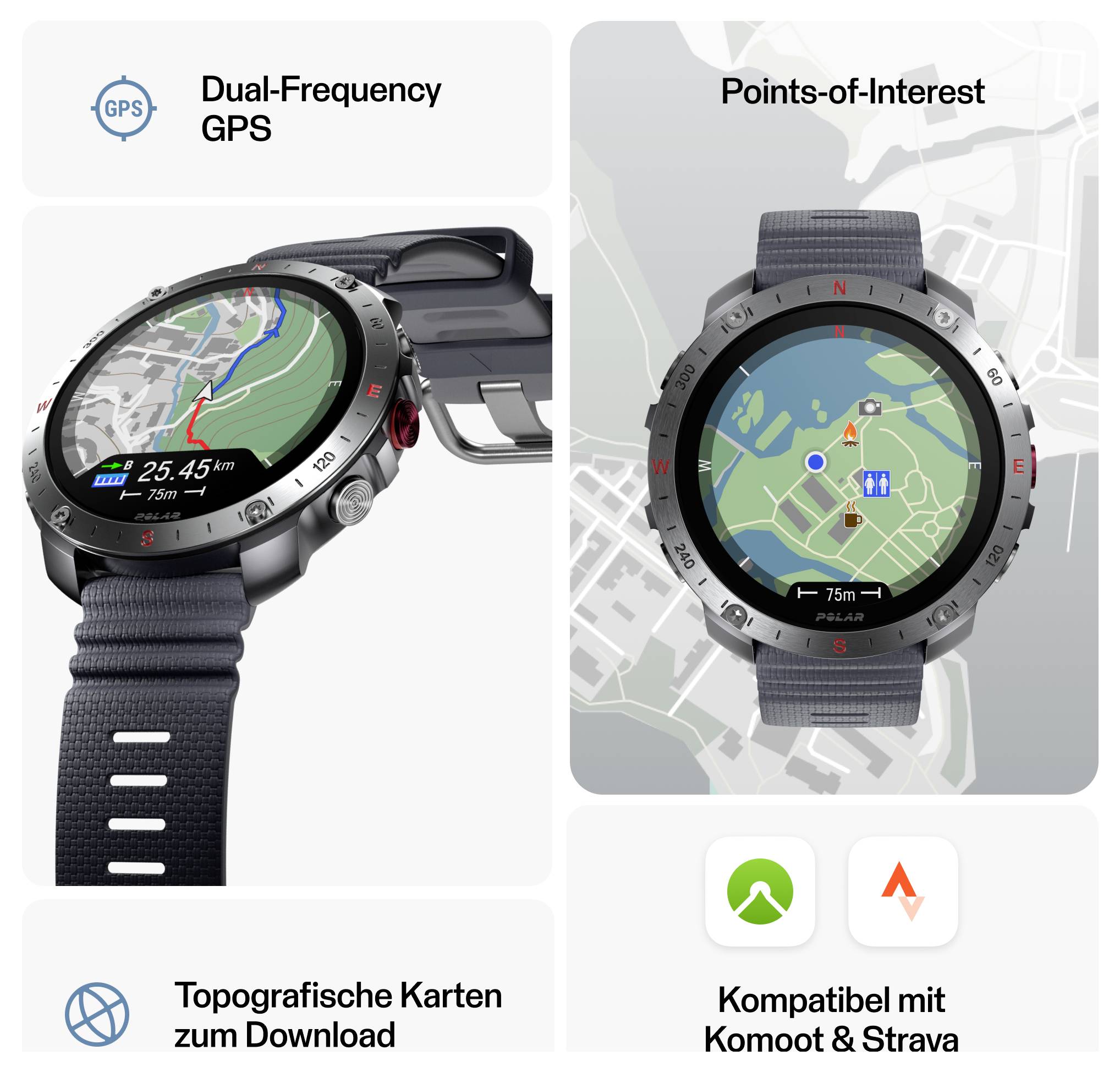 Chytré hodinky s duálně frekvenčním GPS, zobrazující mapy, body zájmu a kompatibilní s aplikacemi pro cestování a fitness navigaci.