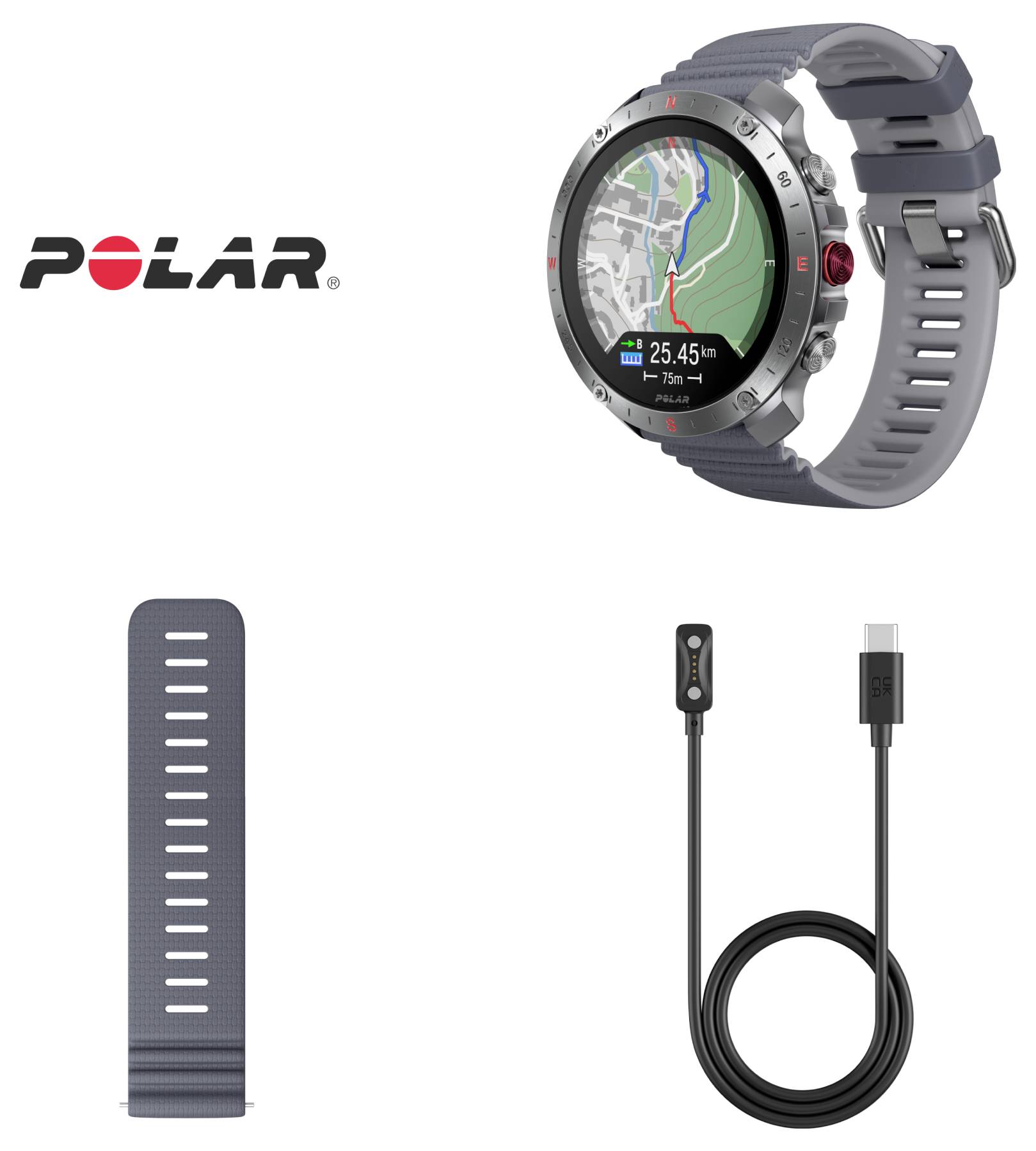 Šedé sportovní hodinky s mapou zobrazenou na displeji, náhradní šedý řemínek a nabíjecí kabel, umístěné pod logem 'POLAR'.