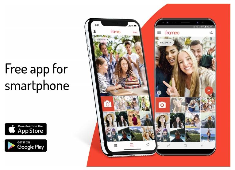 Aplikace 'Frameo' zobrazená na dvou smartphonech s fotografiemi a ikonou fotoaparátu. Text: 'Zdarma stažitelná aplikace pro smartphone.' Loga App Store a Google Play.