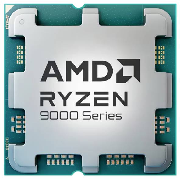 Procesorový čip AMD Ryzen 9000 série, pohled shora, zobrazující firemní značku a složité vzory obvodového designu.