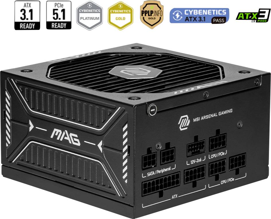 Napájecí zdroj označený 'MAG MSI Arsenal Gaming' s několika konektory. Podporuje standardy ATX 3.1, PCIe 5.1 a různé certifikace Cybenetics.