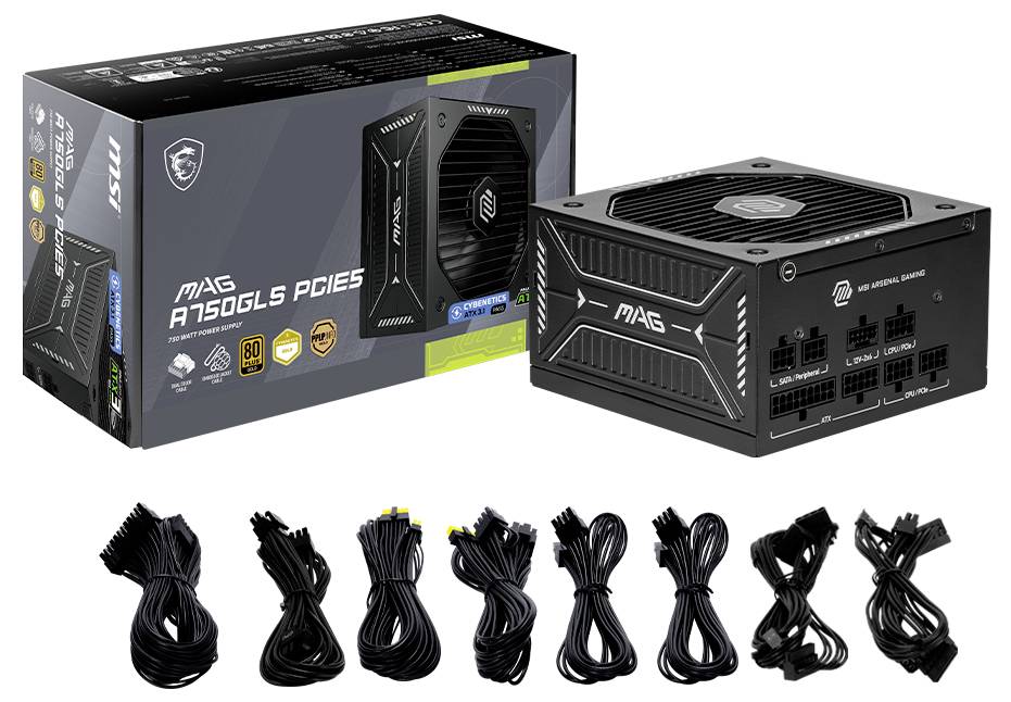 Napájecí zdroj s kabely a krabicí. Na krabici je nápis 'MAG A750GLS PCIE5', s modulárními kabely, účinností 80 Plus Gold, výstupem 750 wattů.