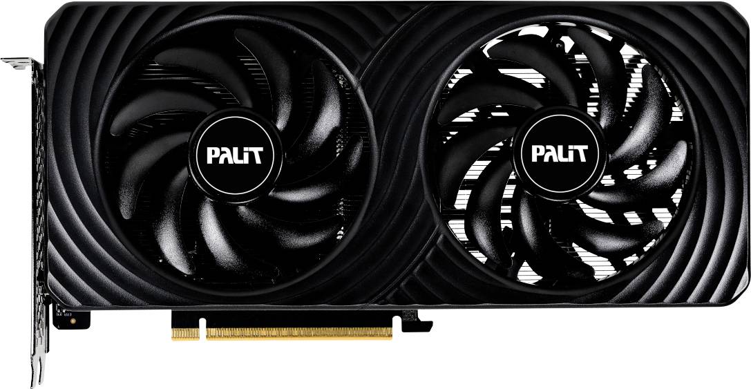 Grafická karta s dvěma ventilátory a logem 'Palit' uprostřed každého ventilátoru, navržená pro chlazení a výkon v počítačových sestaveních.