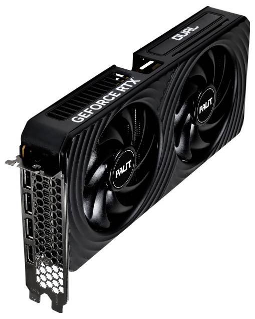 Černá grafická karta Palit GeForce RTX s duálními ventilátory a několika výstupními porty pro displej, pohled z úhlu ukazující bok a horní stranu karty.