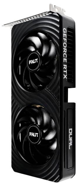 Černá grafická karta Palit GeForce RTX s duálními ventilátory, navržená pro vysoce výkonné hraní her a renderovací aplikace.