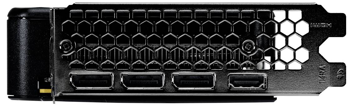 Pohled zezadu na grafickou kartu zobrazující čtyři HDMI porty a šestiúhelníkový ventilační mřížek používaný pro připojení displejů k počítači.