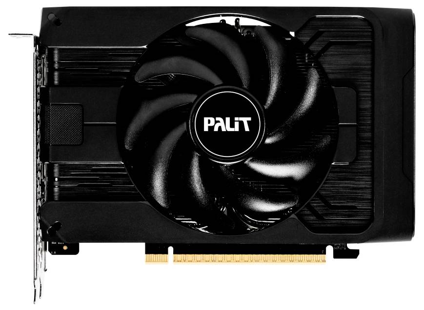 Černá grafická karta s jedním velkým ventilátorem, označená nápisem 'Palit', disponuje kompaktním designem a PCIe konektory po straně pro instalaci.