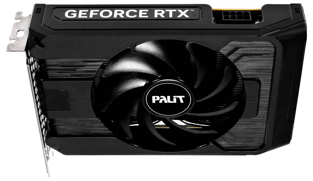 Černá grafická karta Palit GeForce RTX s velkým ventilátorem, navržená pro vysoce výkonné hraní her a grafické zpracování.