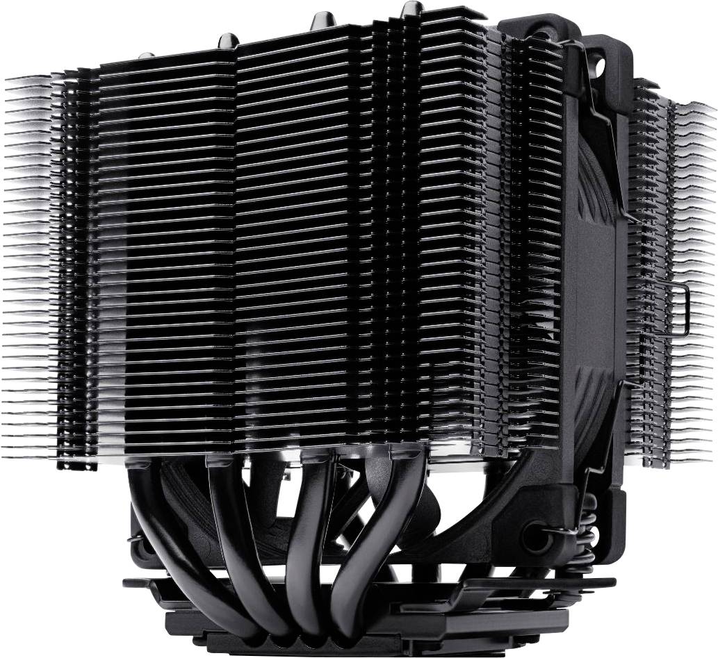 Černý chladič CPU s několika žebry a tepelnými trubicemi navržený pro efektivní odvod tepla z procesorů počítače.