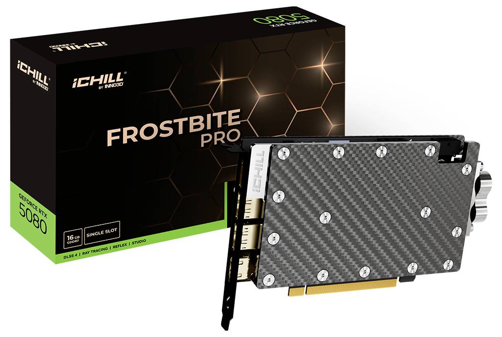 Grafická karta 'Frostbite Pro od iCHILL' s designem z uhlíkových vláken. Krabice má hexagonální vzor, označení 'GeForce RTX 3080'.