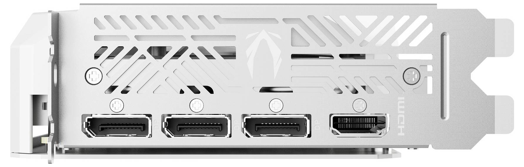 Stříbrná grafická karta s počítačovou grafikou se třemi konektory DisplayPort a jedním konektorem HDMI, zobrazující větraný design zadní desky.