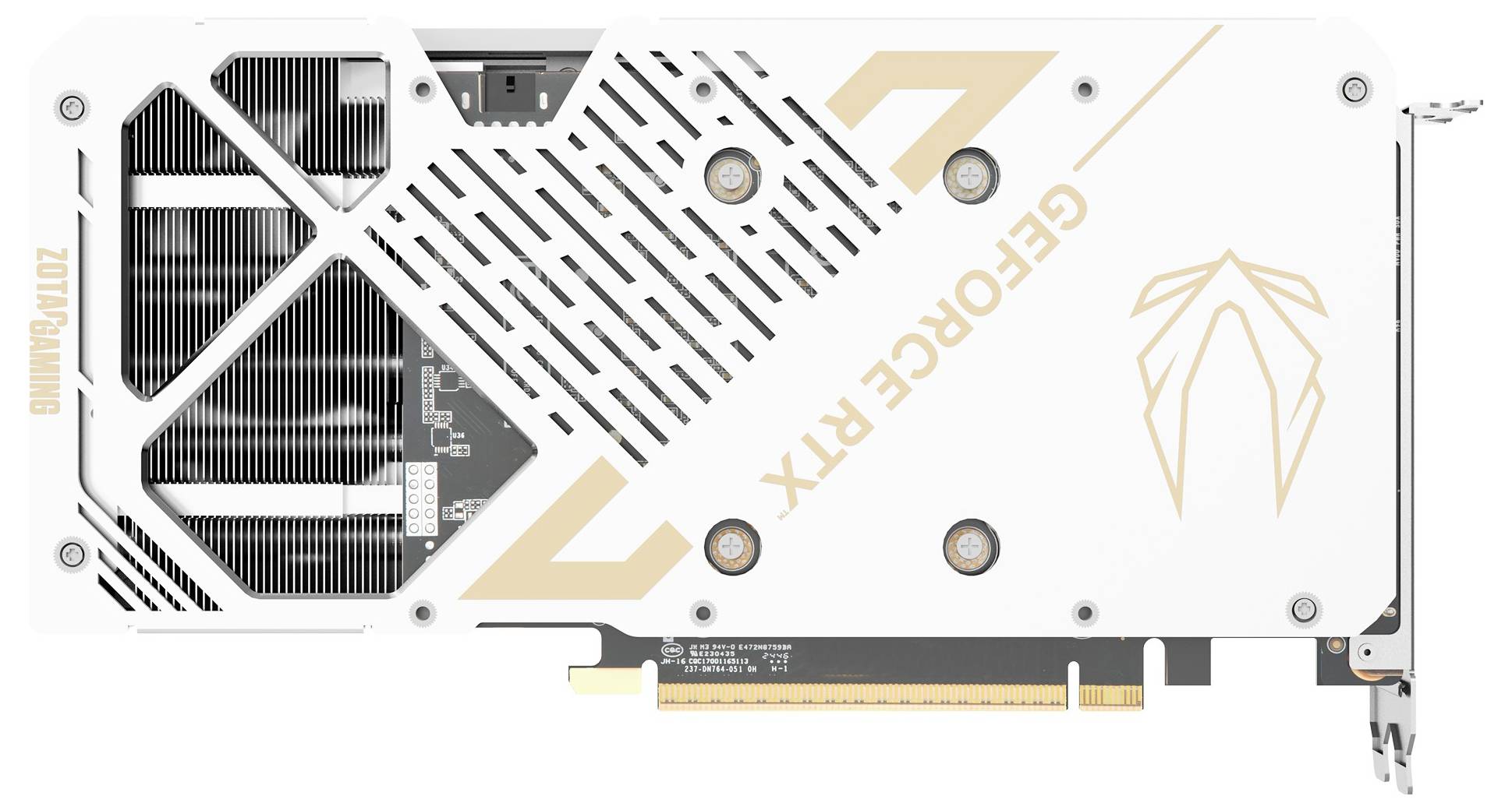 Bílá grafická karta se zlatými akcenty, označená štítkem 'GEFORCE RTX', s designem připomínajícím včelí plástev a viditelným prvkem tištěného spoje.
