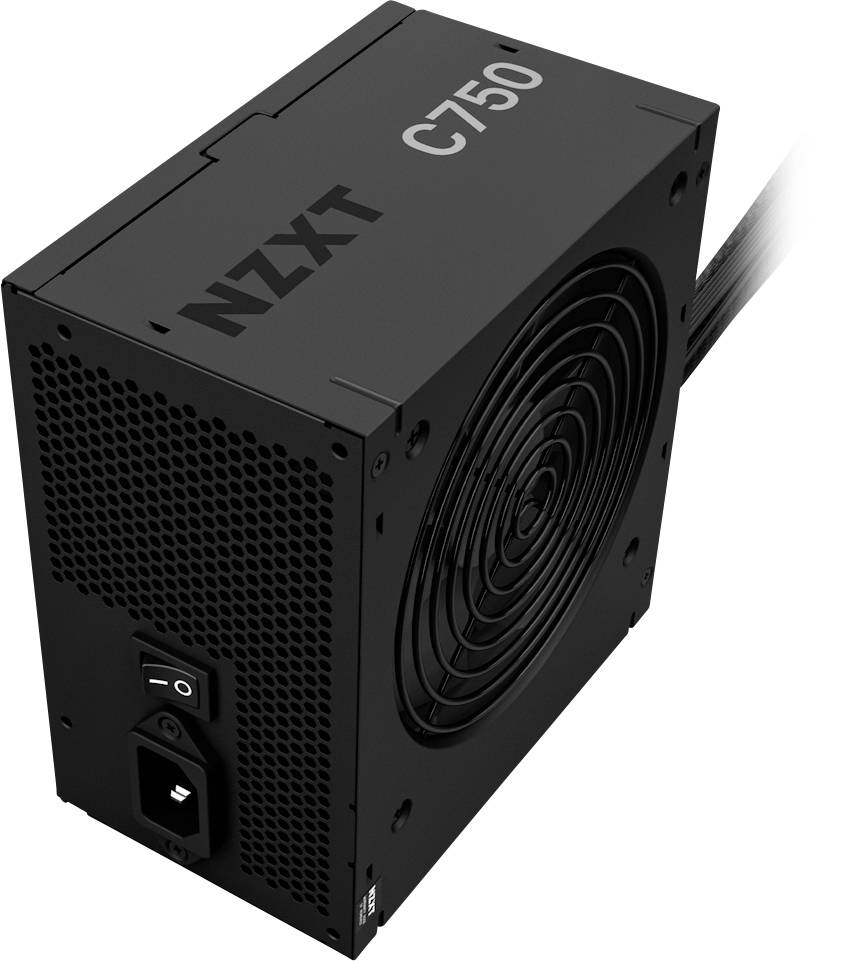 Černá napájecí jednotka NZXT C750 s velkým ventilátorem na jedné straně a vypínačem vzadu, určená pro počítačové systémy.