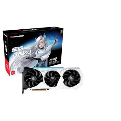 Grafická karta PowerColor AMD Radeon RX 6700 XT se třemi chladicími ventilátory, vedle svého obalu s anime grafickým motivem.