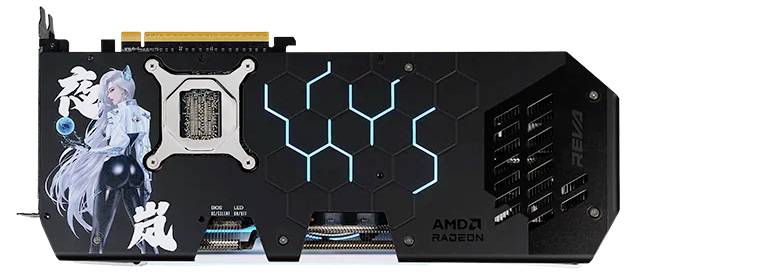 Přizpůsobená grafická karta s modrým LED osvětlením a uměleckou tematikou anime na černém zadním krytu, prezentující značku AMD Radeon.