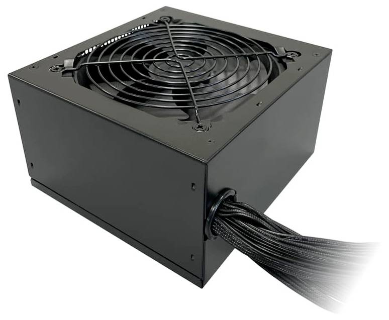 Černá jednotka napájecího zdroje počítače s velkým chladicím ventilátorem na horní straně a svazkem kabelů vyčnívajícím z boku.