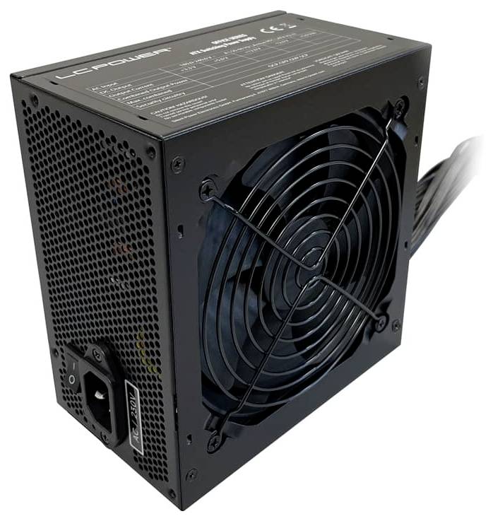 Černá počítačová napájecí jednotka s velkým chladicím ventilátorem na jedné straně a elektrickými specifikacemi vytištěnými nahoře.