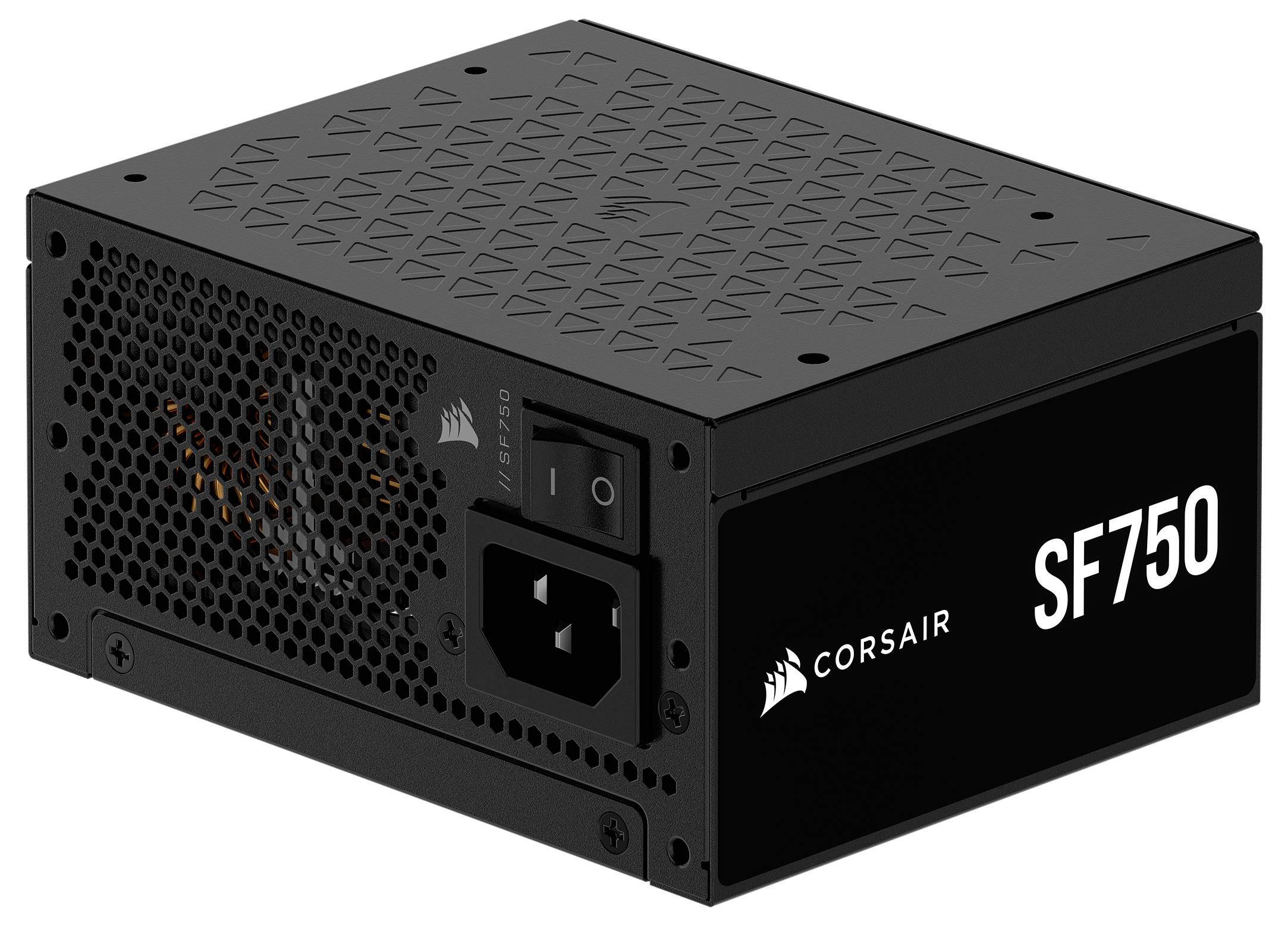 Napájecí zdroj Corsair SF750, černý, kompaktní design, s mřížkou a větracími otvory pro chlazení, označený štítkem "SF750".