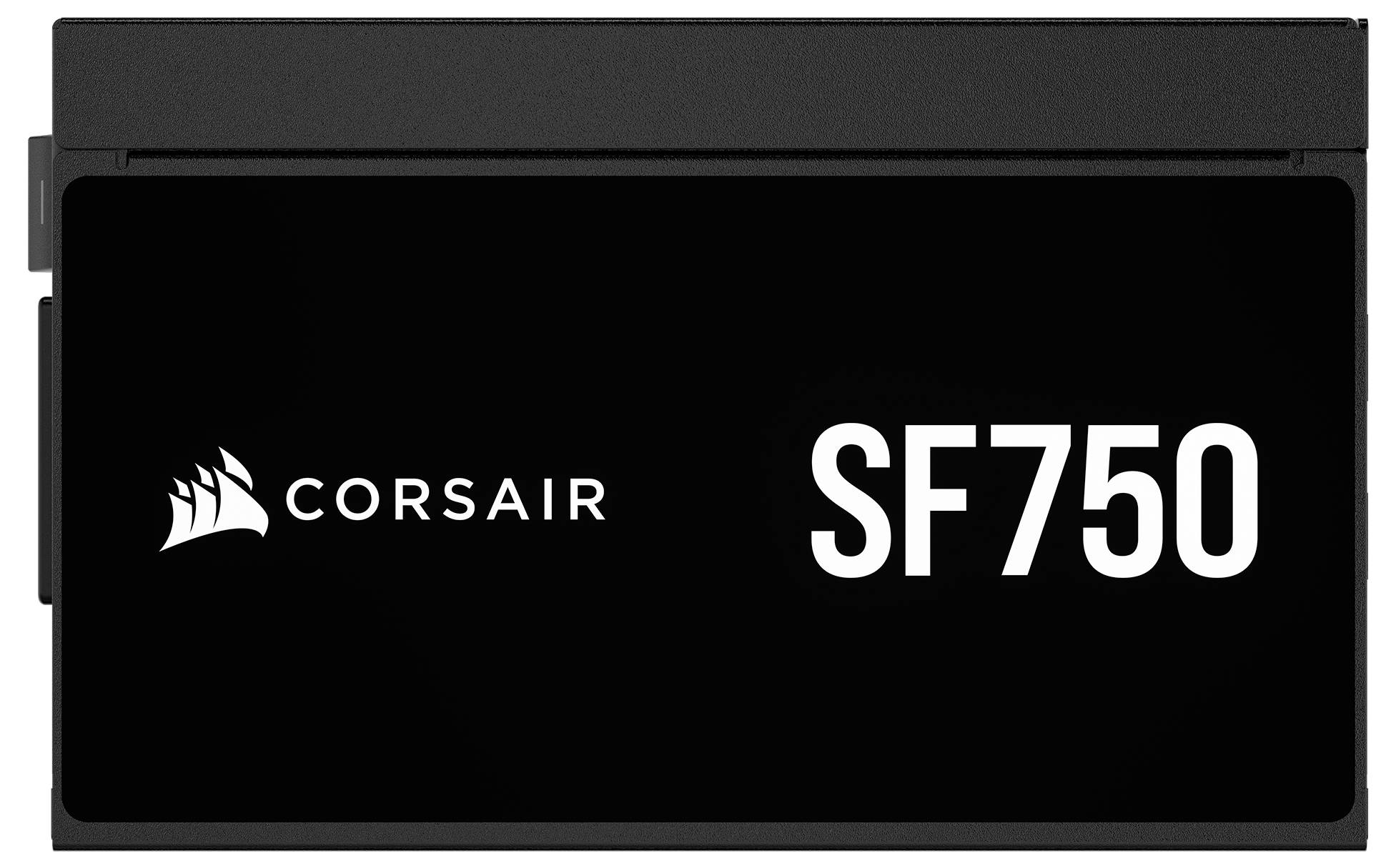 'Corsair SF750' text na černém pozadí; představuje napájecí zdroj Corsair SF750, známý svou kompaktní velikostí a vysokou účinností.