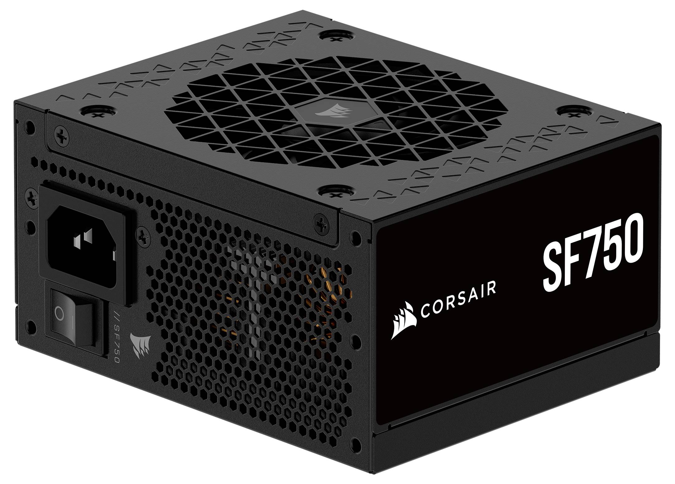 Napájecí zdroj Corsair SF750 se černým obdélníkovým designem, větrací otvory a štítkem SF750 pro identifikaci.