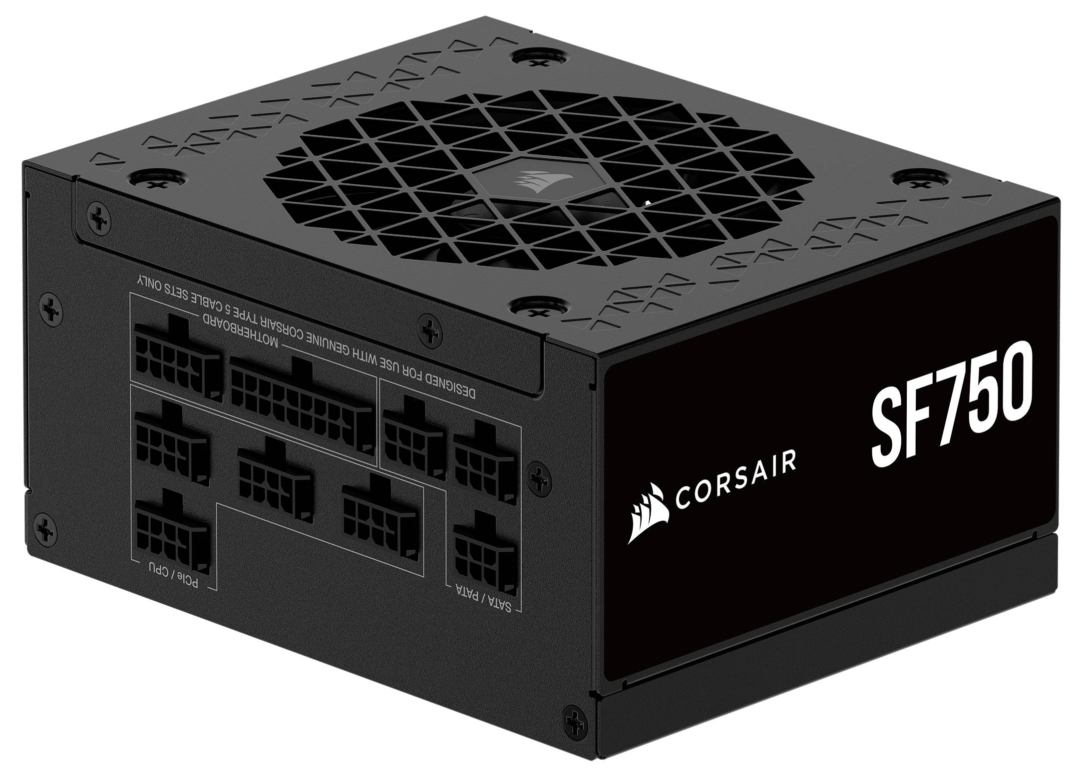 Napájecí zdroj Corsair SF750, zobrazující modulární kabelové porty a logo. Vhodný pro skříně s formátem SFX.