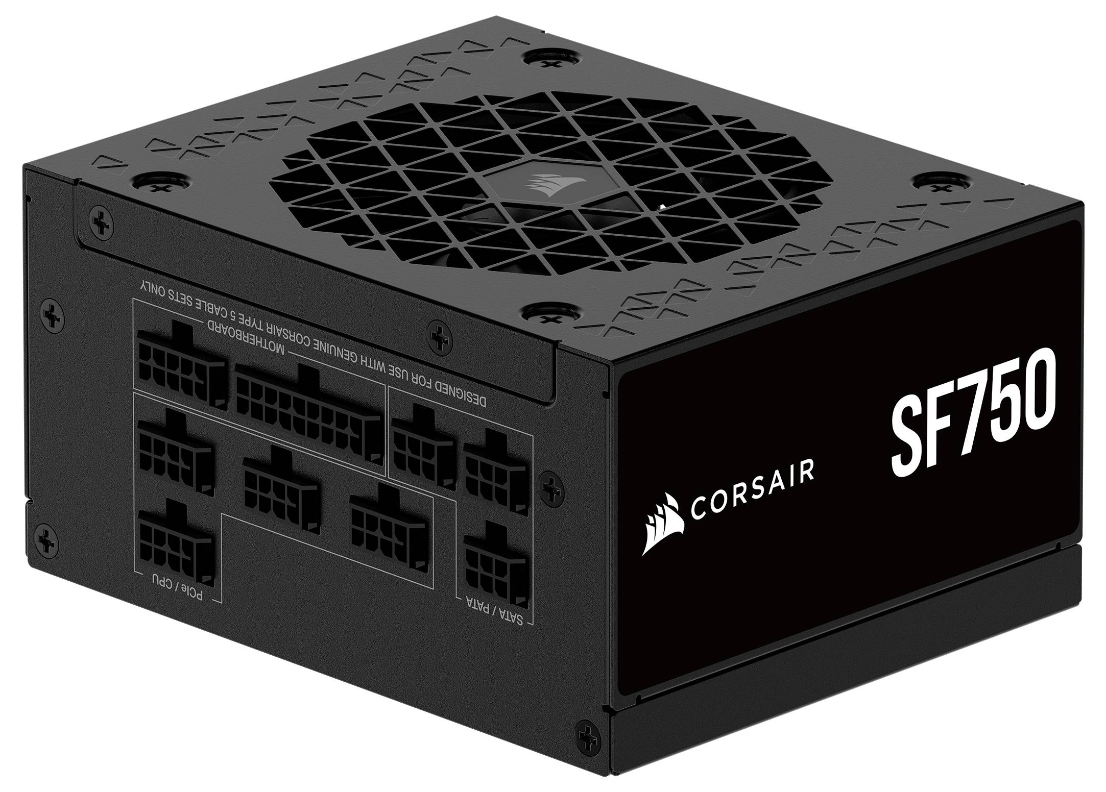 Napájecí zdroj 'Corsair SF750', vybavený modulárními kabelovými porty a kompaktním obdélníkovým designem, vhodný pro efektivní sestavení počítače.