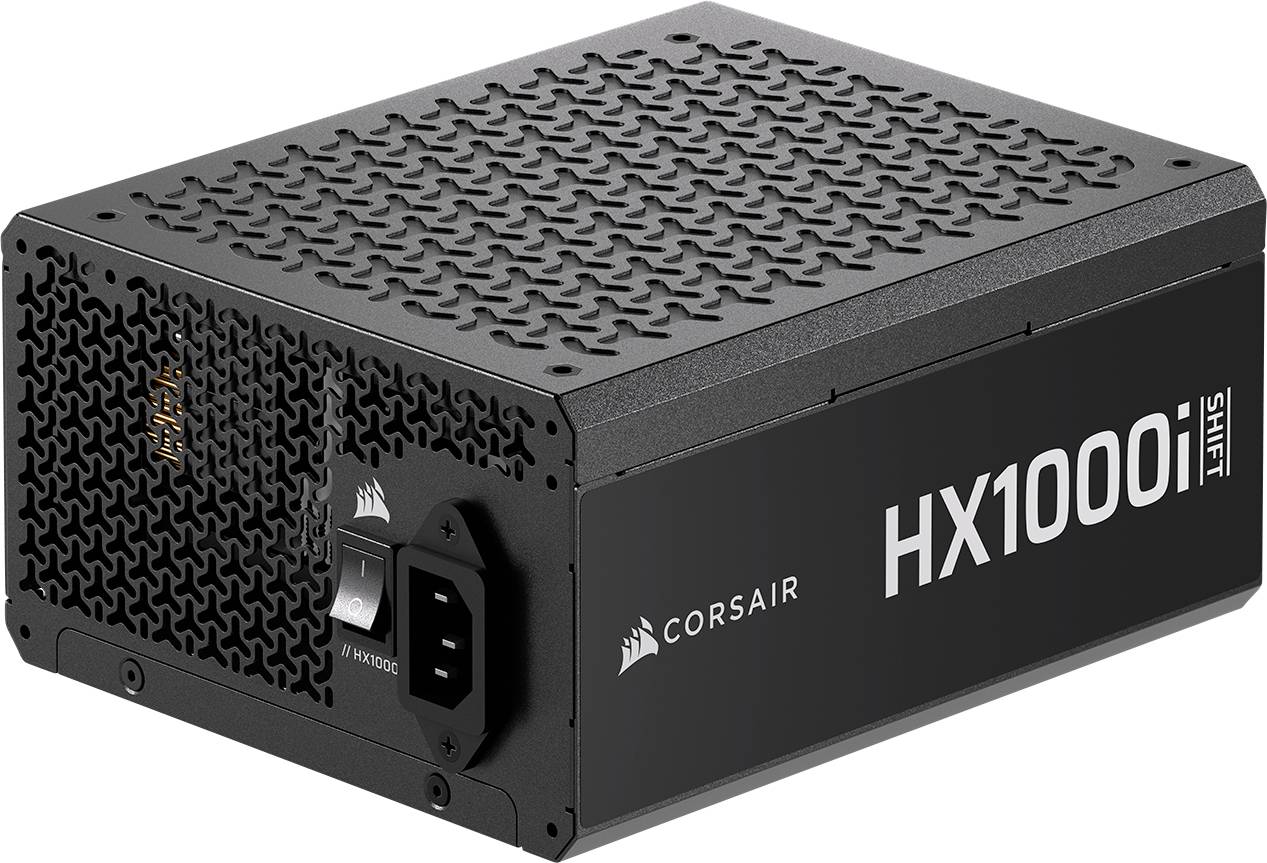 Napájecí zdroj 'Corsair HX1000i SHIFT', černý, s textem na straně a elektrickými porty, používaný v počítačových systémech.