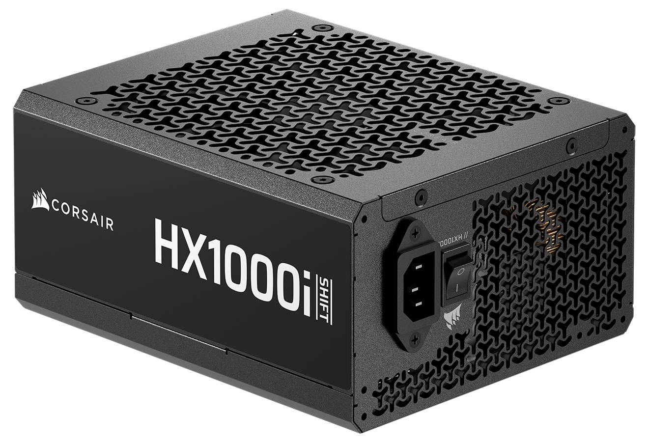 Napájecí zdroj Corsair HX1000i Shift s černým provedením, který je vybaven větrací mřížkou a vypínačem na boku.
