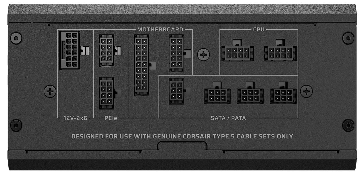 Zadní panel napájecího zdroje zobrazující označené porty pro základní desku, CPU, PCIe a SATA připojení; instruktážní text níže.