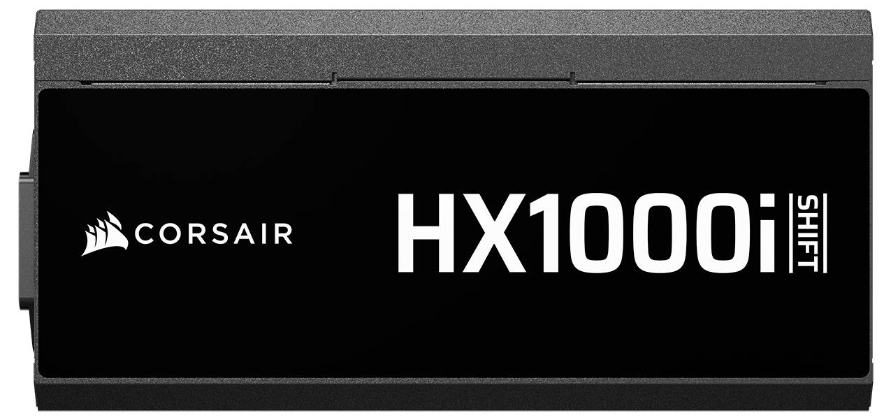 'Corsair HX1000i Shift' napájecí zdroj s elegantním černým designem, který na bočním panelu zobrazuje logo Corsair a název modelu.