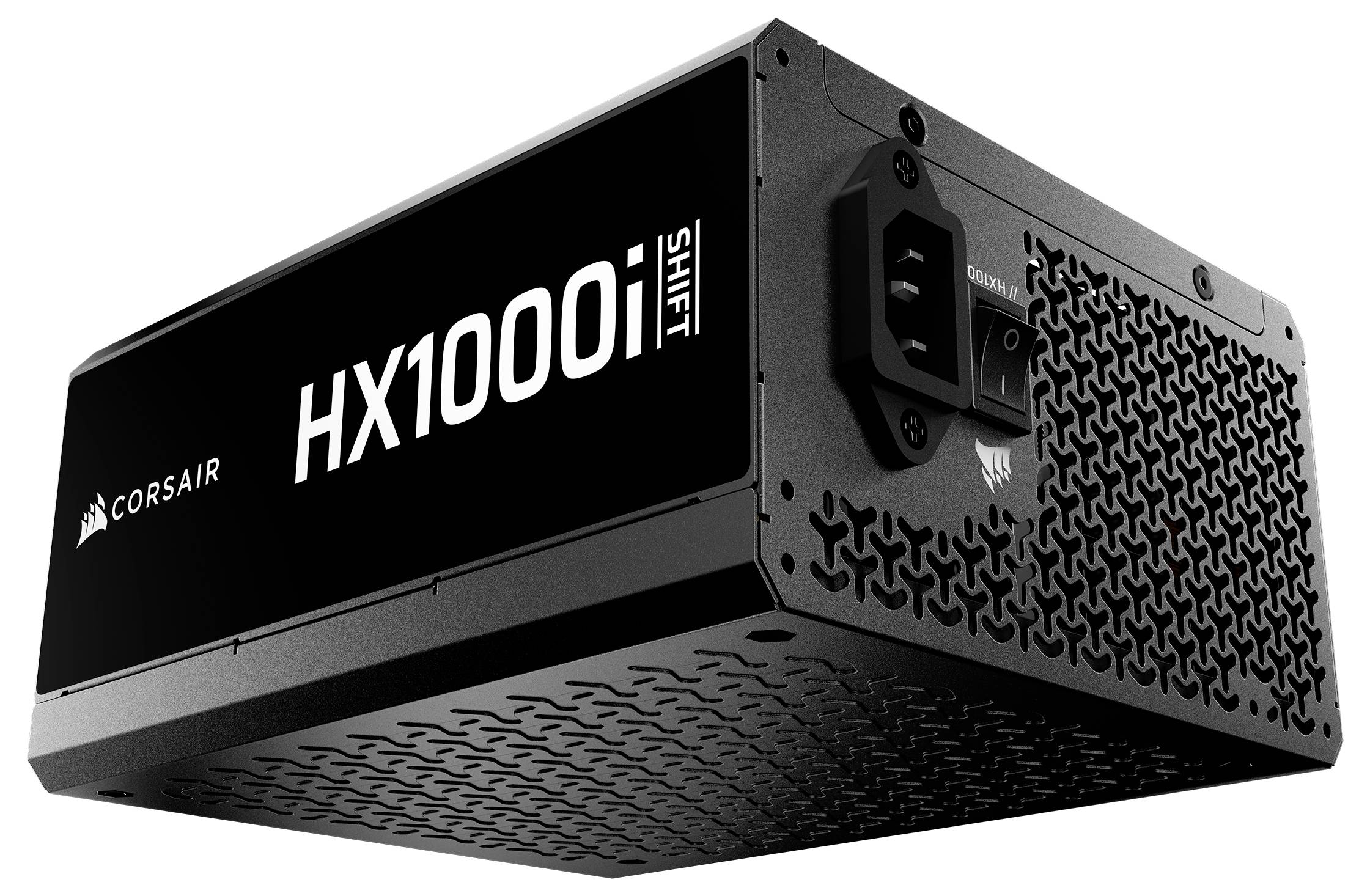 Napájecí zdroj 'Corsair HX1000i Shift' s černým krytem a větracími mřížkami.