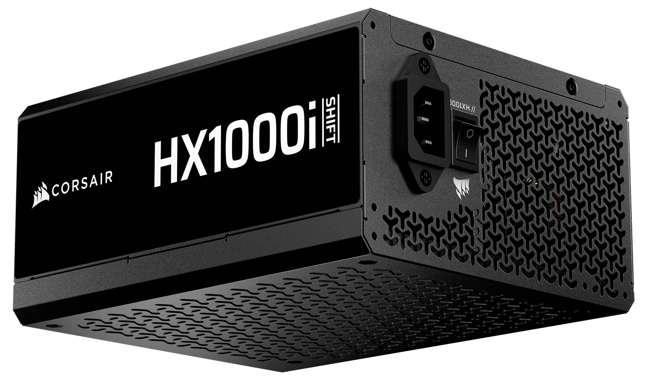 Napájecí zdroj 'Corsair HX1000i SHIFT', vyznačující se elegantním designem s větrací mřížkou a firemním štítkem, vhodný pro vysoce výkonné počítače.