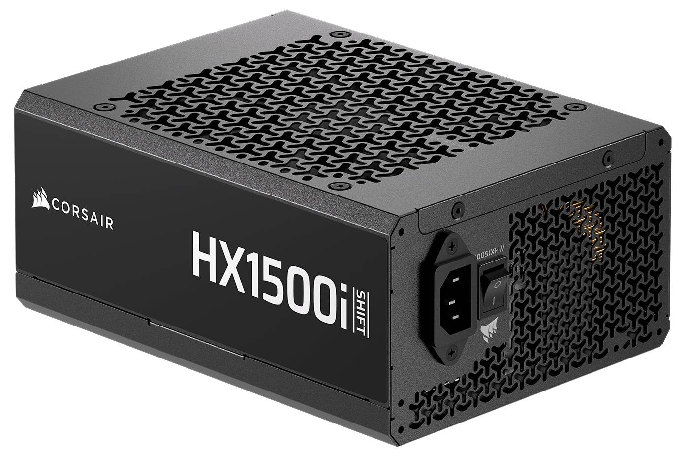 Napájecí zdroj Corsair HX1500i, černý obdélníkový design, větraná strana, označený štítkem "SHIFT" s viditelným síťovým vypínačem a zásuvkou.