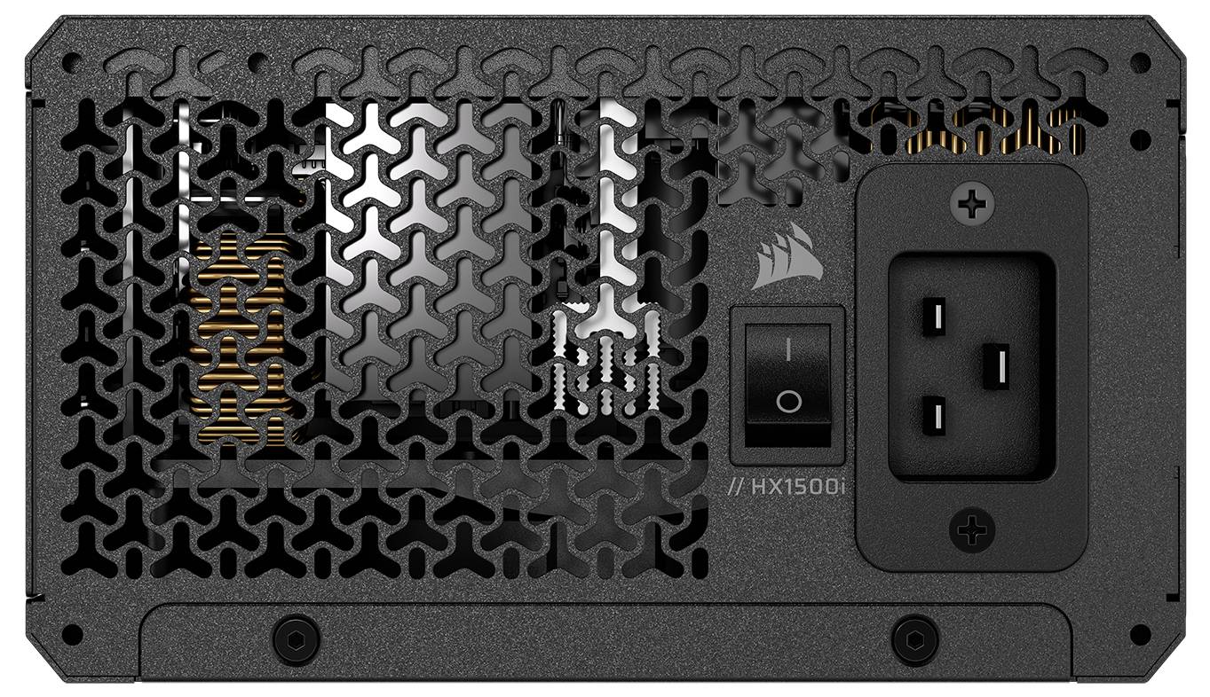 Zadní pohled na napájecí zdroj Corsair HX1500i, zobrazující vypínač, napájecí vstup a větrací mřížku.