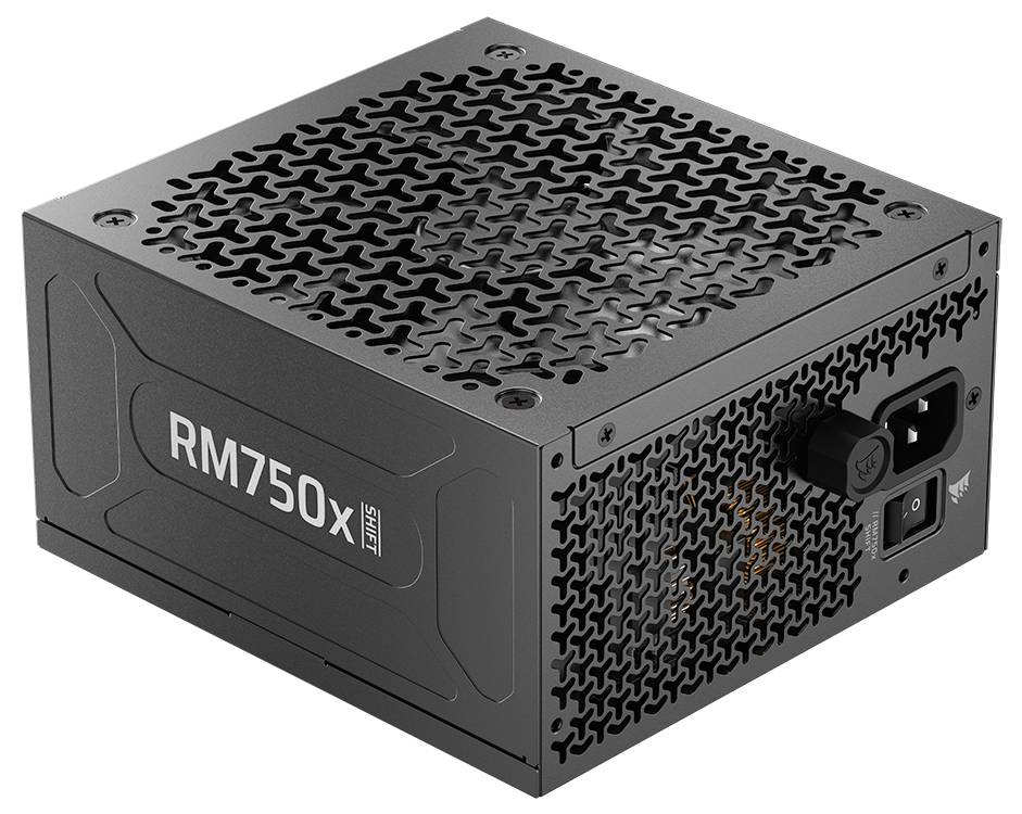 Černá napájecí jednotka RM750x s větraným mřížovým designem, značkou modelu na boku a konektory pro počítačové komponenty.