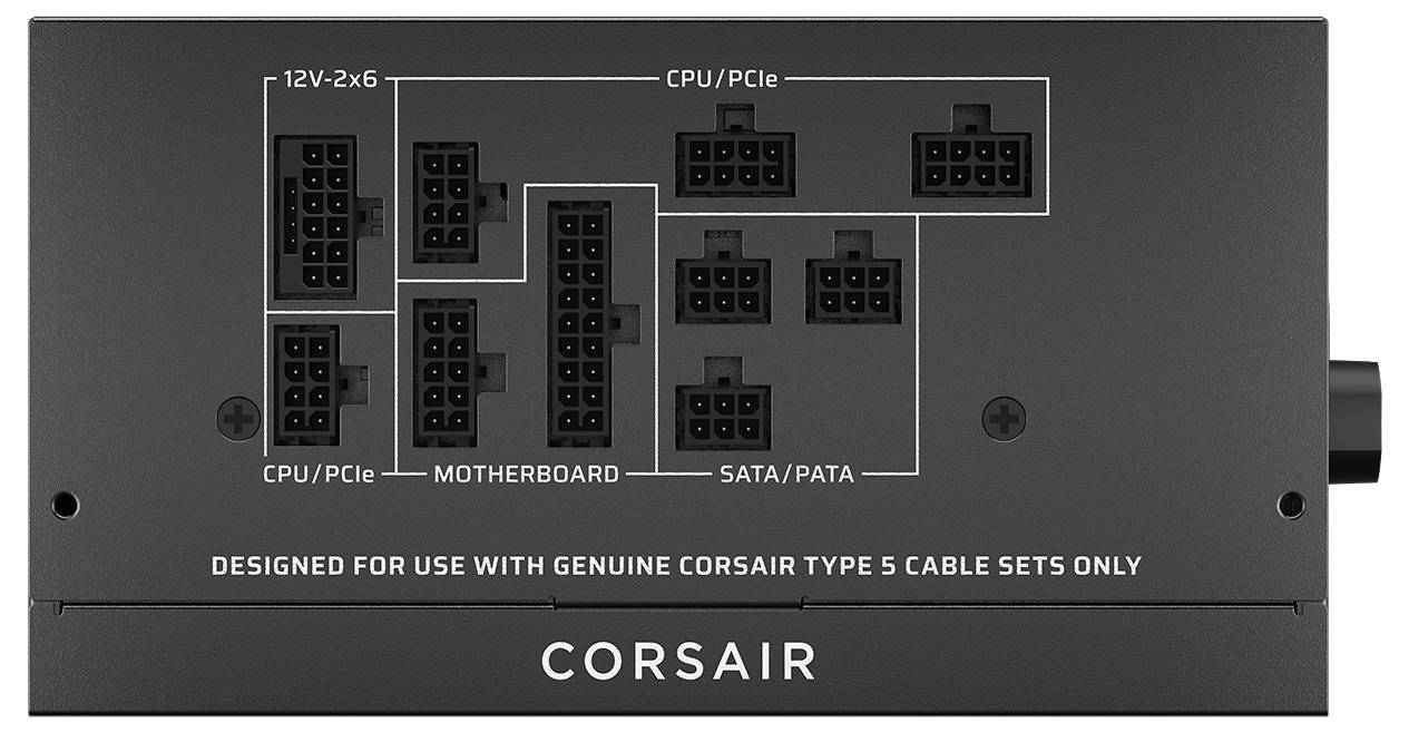 Napájecí zdroj Corsair, zobrazující označené porty: CPU/PCIe, základní deska, SATA/PATA, 12V-2x6. Určeno pouze pro použití s kabelovými sadami Corsair Type 5.